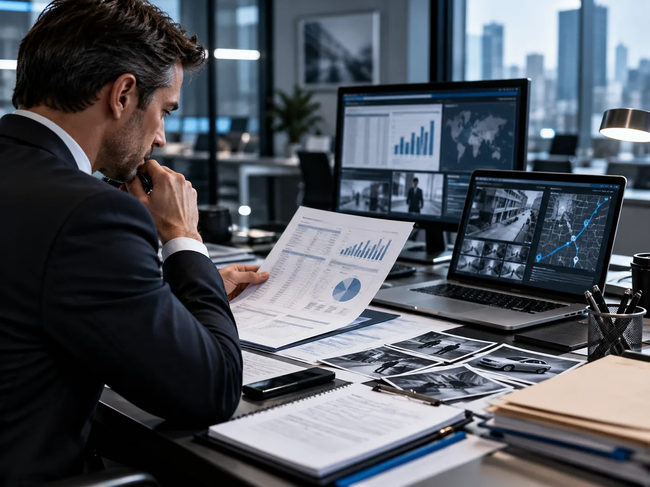 Illustrative corporate investigator reviewing research and documents