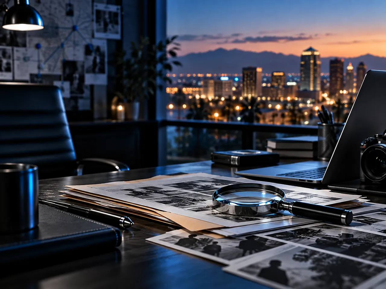 Illustrative private investigation workspace with case files and magnifying glass