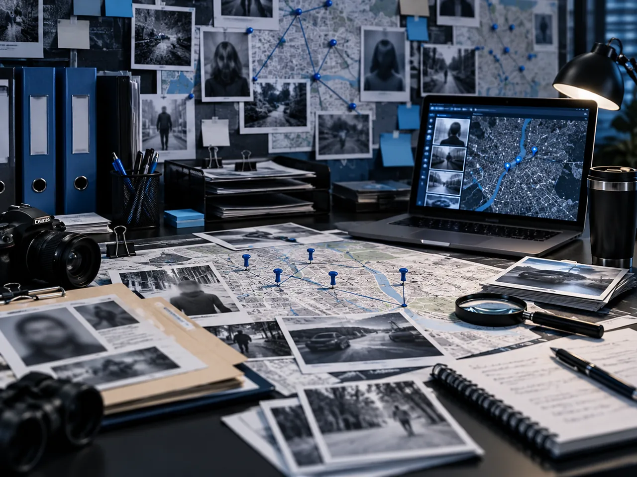 Illustrative investigation workspace with mapped locations and evidence photographs
