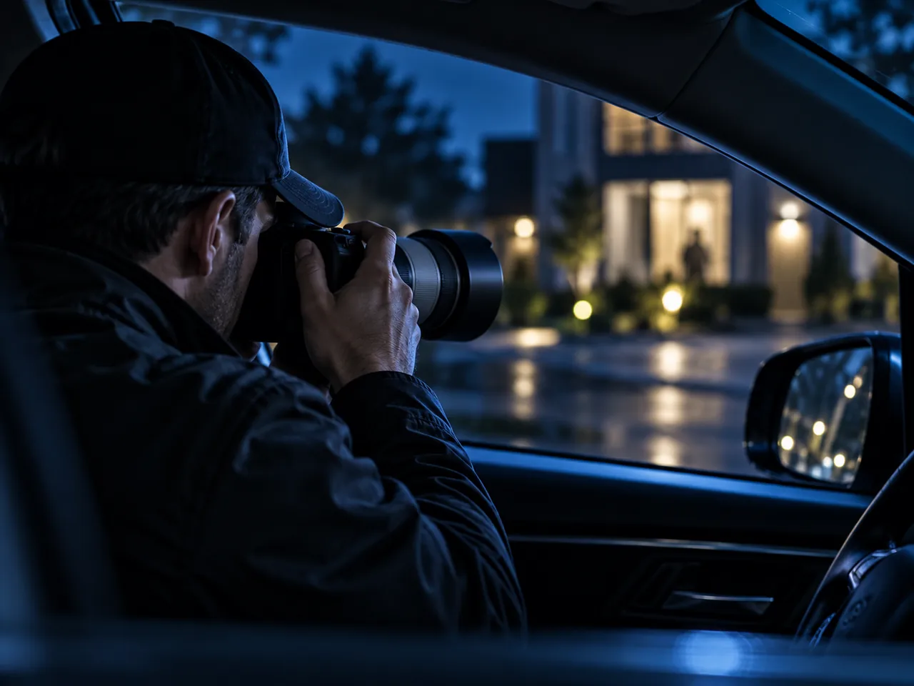 Illustrative surveillance investigator working discreetly from a vehicle